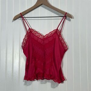 Vintage Rikki New York Pink Lace Camisole Top M Sheer‎ Nylon Y2K Coquette USA